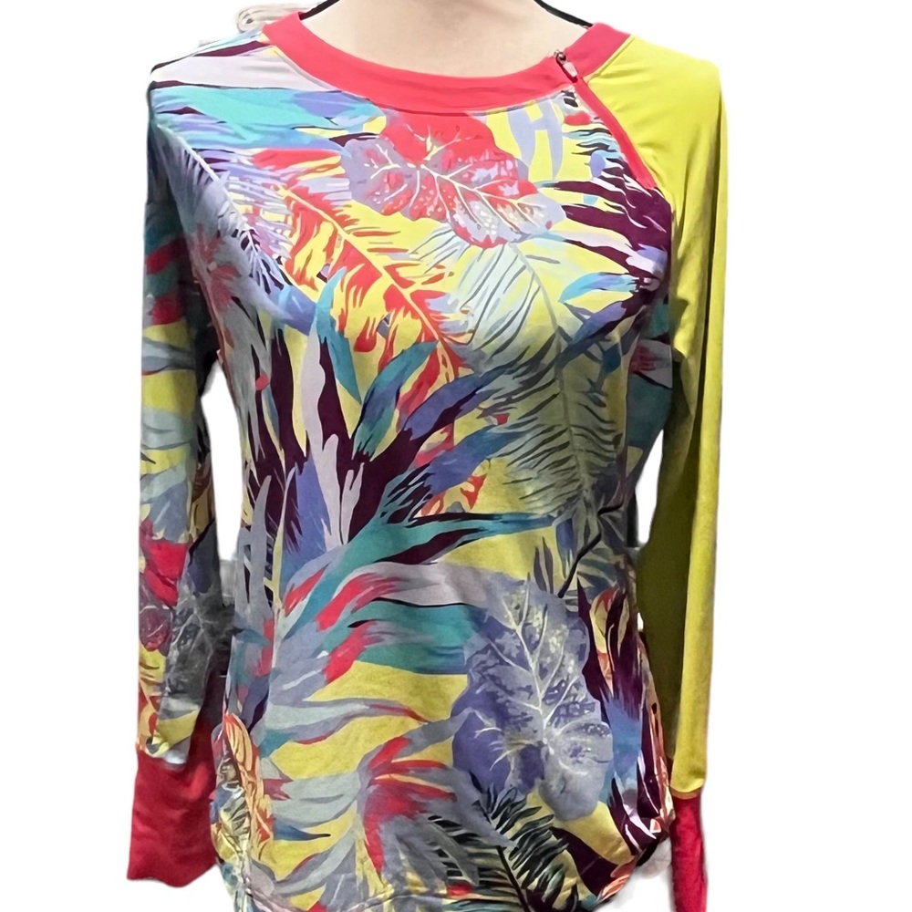 Title Nine Tropical Print Long Sleeve Swim Top - Yellow, Red, Purple, Teal